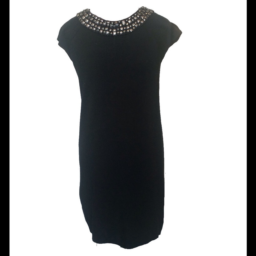 Zara Black Knit Silver Studded Geometric Gems Neckline Dress, Size S 🔴